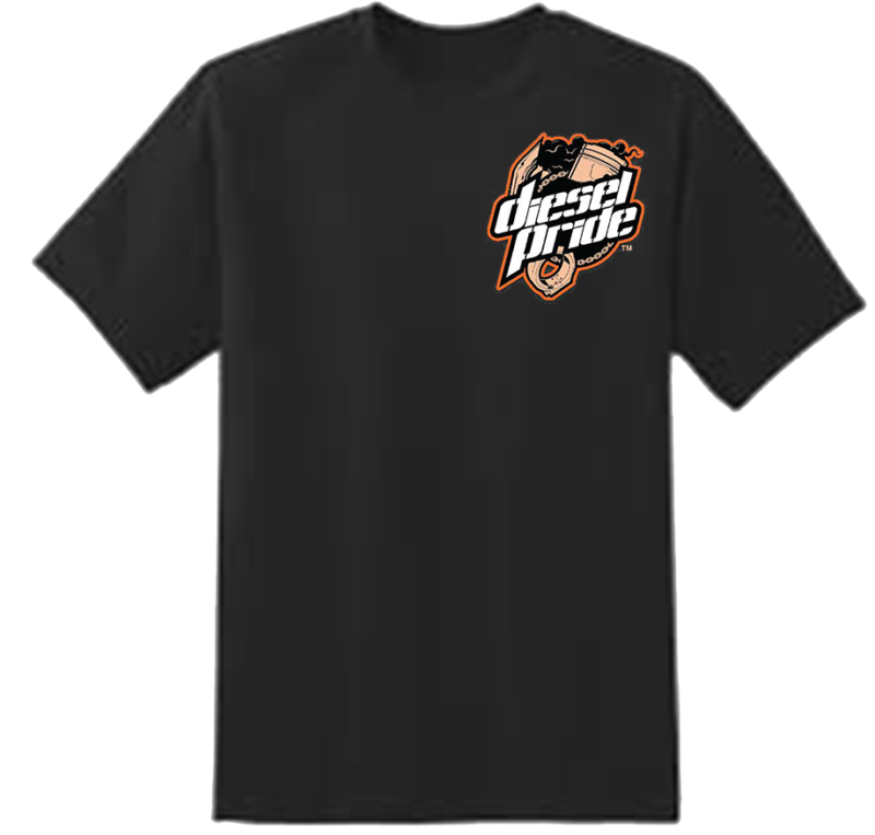 black 50/50 poly/cotton Rubber duck front has our Diesel Pride logo in orange brown and white