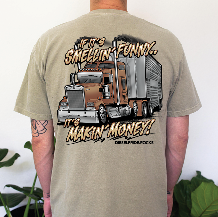 If it's smellin funny it's makin money Khaki 50/50 blend poly/cotton t-shirt