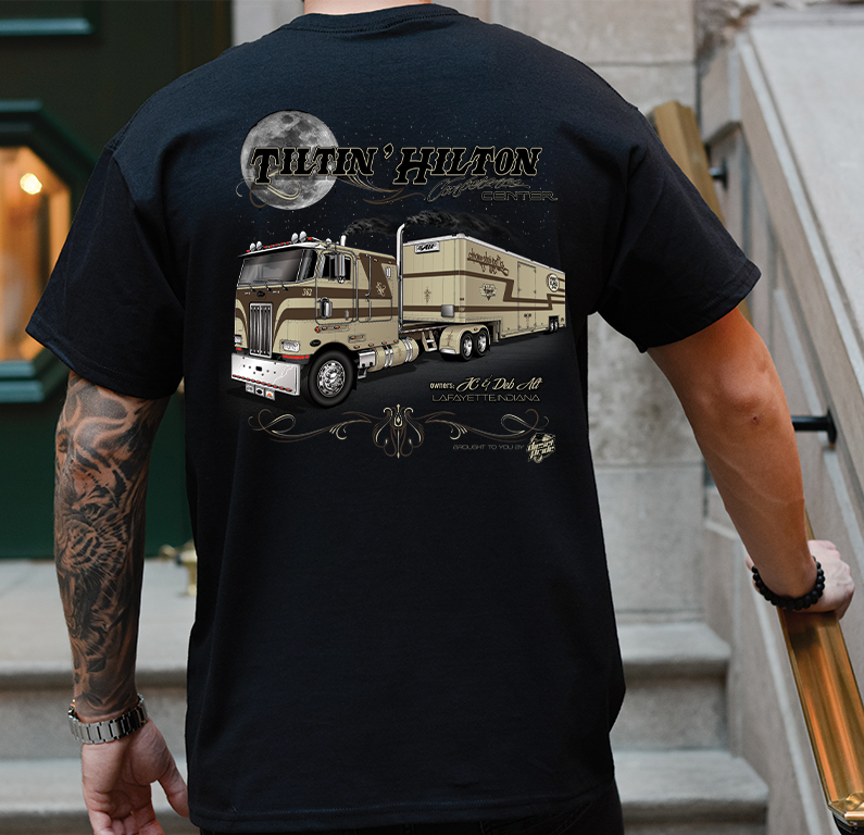 Tilton Hilton 1985 Peterbilt 362 cabover on the back of a 50/50 poly/cotton blend t-shirt black